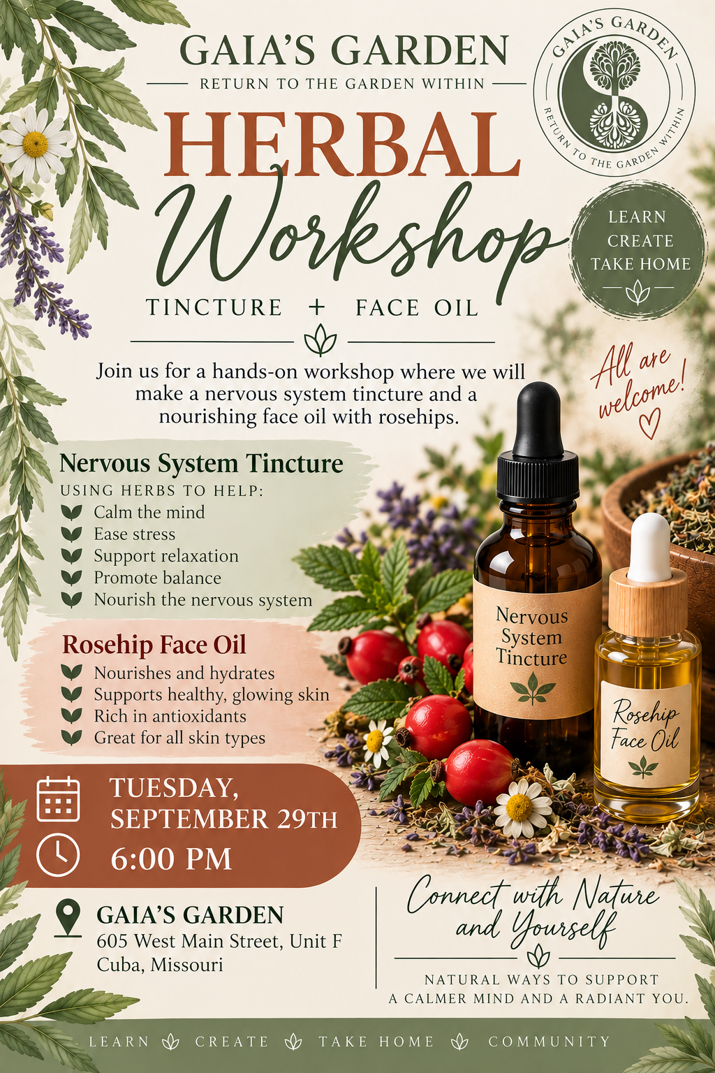 Herbal Tincture & Face Oil Making Workshop – Sept 29 @ 6PM